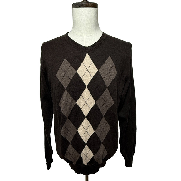 Sebastian Cooper Sweater Mens Cashmere Blend Large Brown Tan Argyle Preppy - Picture 5 of 10